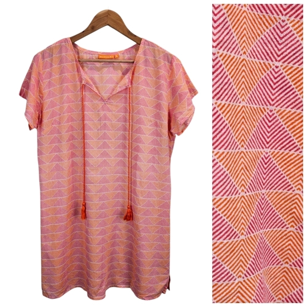 Oliphant Cotton Geometric Chevron Print Tunic Top Large Orange Pink Lightweight